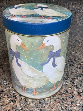 Vintage Geese Tin Canister with Blue Lid